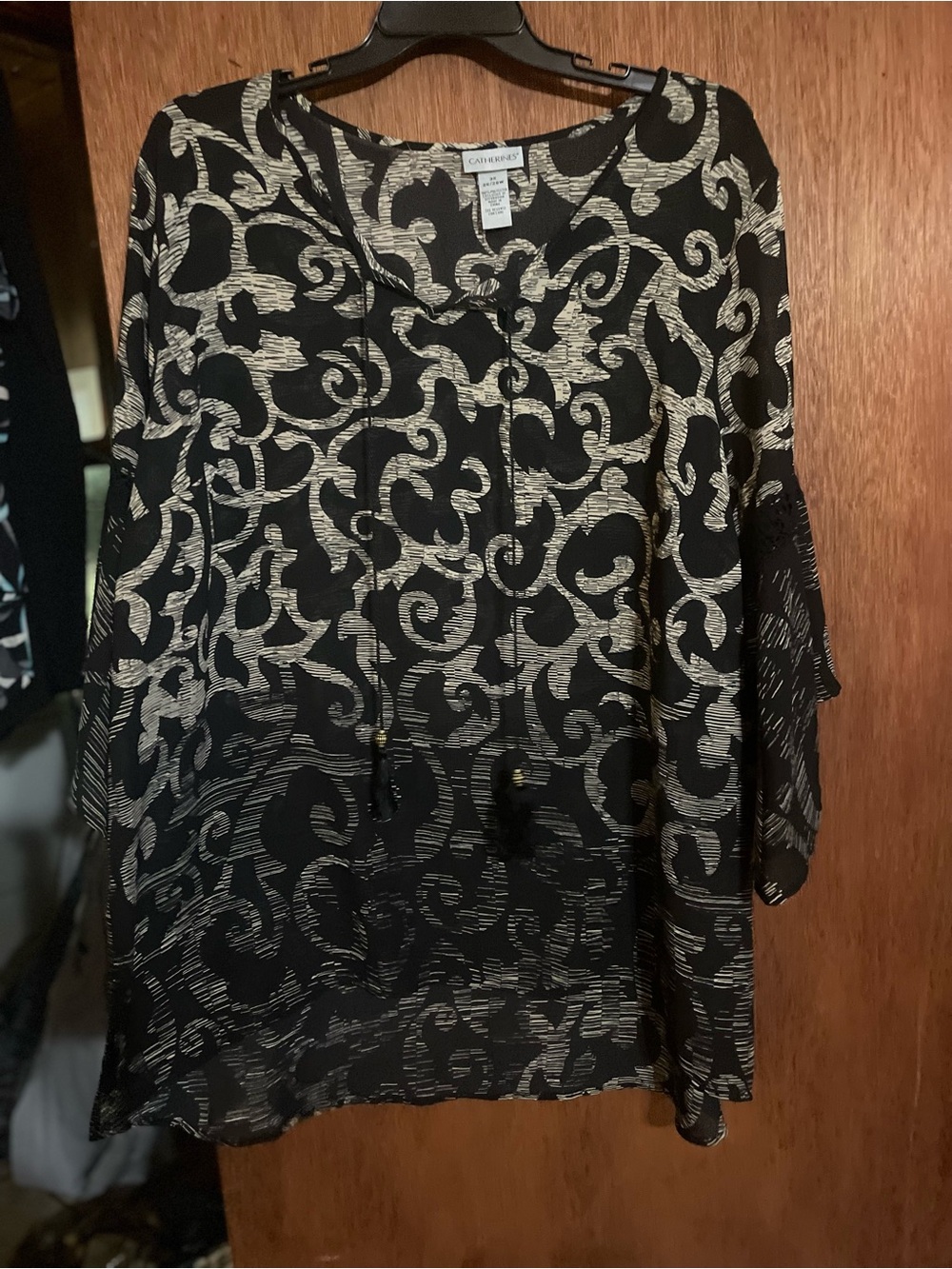 Catherines Black and Cream Swirl Print Peasant Top